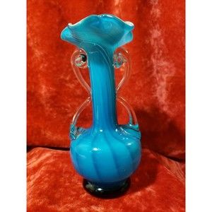 Vtg Cased Art Glass Blue & White Swirl Pattern W/ Handles